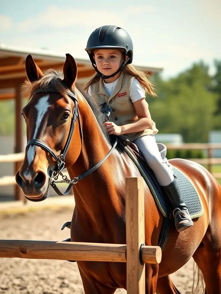 A young rider confidently jumping a small fence on a well-groomed horse during an equestrian training session at LES ECURIES DE L ILE BRAGARD.