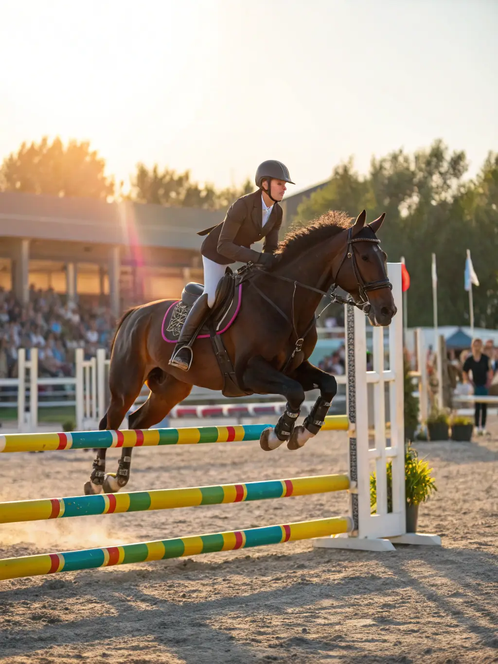 A young rider confidently guiding a horse through a jump in a sunny outdoor arena, showcasing skill development and achievement.