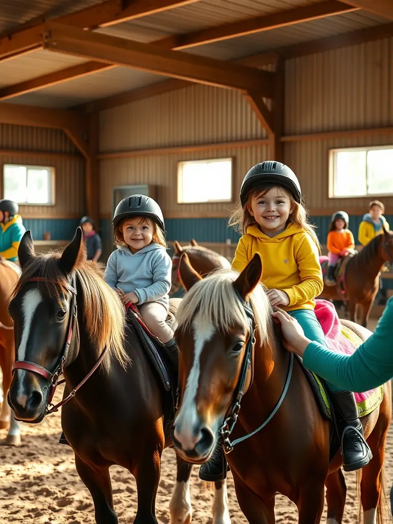 A group of children happily grooming ponies in a stable, learning about animal care and horsemanship at LES ECURIES DE L ILE BRAGARD.