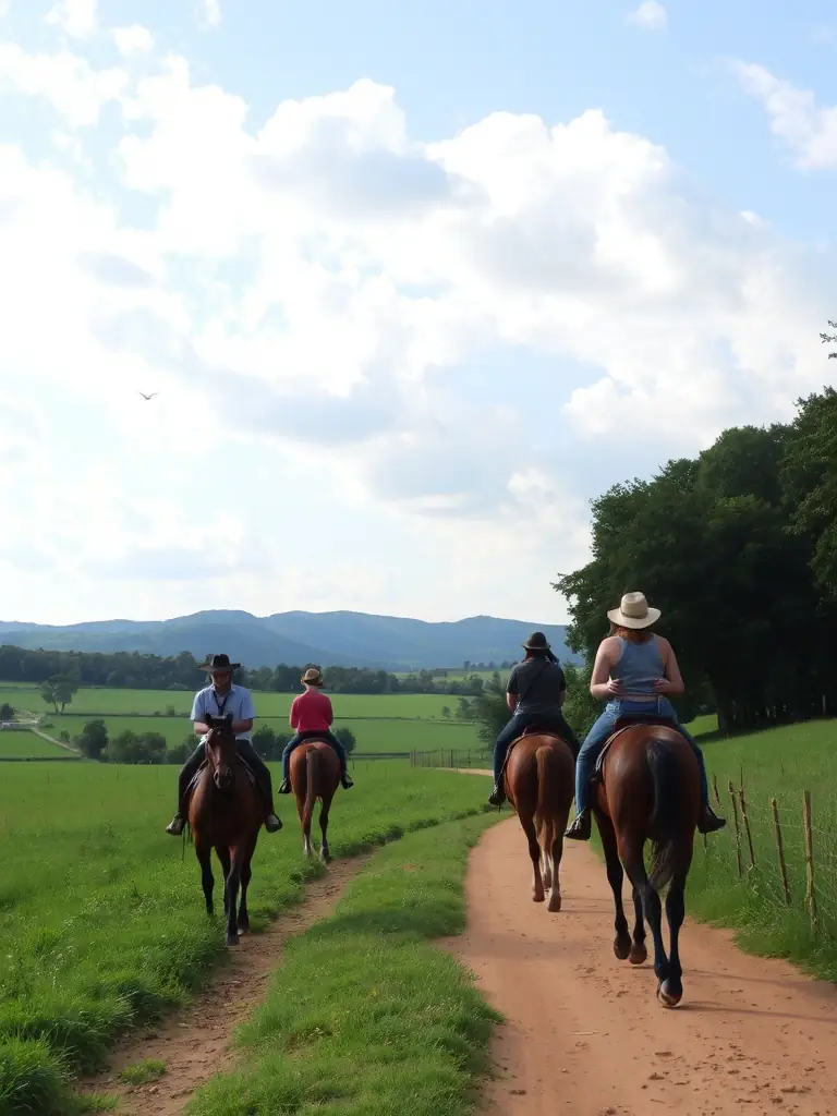 A scenic trail ride through the countryside, with riders enjoying the natural beauty and fresh air at LES ECURIES DE L ILE BRAGARD.